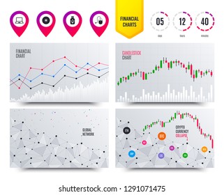 Financial planning charts. Notebook pc and Usb flash drive stick icons. Computer mouse and CD or DVD sign symbols. Cryptocurrency stock market graphs icons. Trendy design. Vector