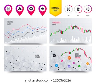 Financial planning charts. Plus add circle and puzzle piece icons. Document file and back arrow sign symbols. Cryptocurrency stock market graphs icons. Trendy design. Vector