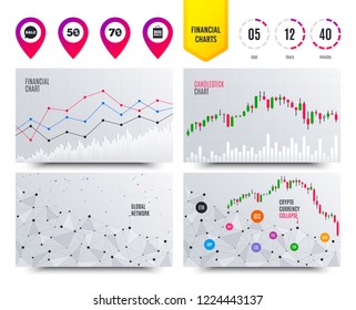 Financial planning charts. Sale speech bubble icon. 50% and 70% percent discount symbols. Big sale shopping bag sign. Cryptocurrency stock market graphs icons. Trendy design. Vector
