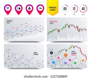 Financial planning charts. Wifi and chat bubbles icons. Add user and megaphone loudspeaker symbols. Communication signs. Cryptocurrency stock market graphs icons. Trendy design. Vector