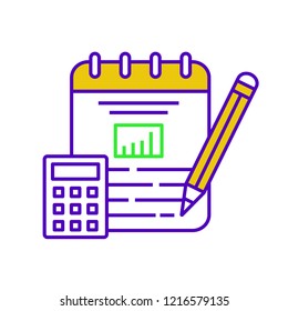Financial planning color icon. Budgeting. Funding and financing. Financial accounting and bookkeeping. Cost calculation. Calculator, notepad and pencil. Isolated vector illustration