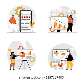 Concepto de planificación financiera con juego de caracteres. Colección de escenas la gente analiza el presupuesto de dinero, haciendo auditoría y calculando el balance de beneficios y ahorros. Ilustraciones vectoriales en diseño web plano