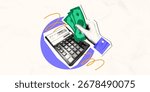 Financial planning concept. Halftone hand holding money and calculator. Trendy art collage banner template, Investing, savings, budget planning. Modern retro mixed media vector illustration