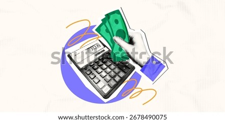Financial planning concept. Halftone hand holding money and calculator. Trendy art collage banner template, Investing, savings, budget planning. Modern retro mixed media vector illustration