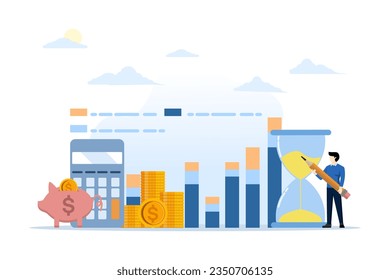 financial planning concept, investment or wealth management, saving money or income and salary, budgeting plan for expenses, debt and taxes, woman planning her savings with piggy bank growth chart.
