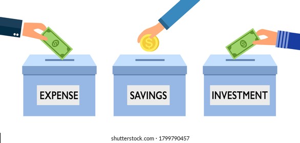Financial planning concept vector illustration on white background. Hands putting money in boxes of expense, savings and investment. Money management.