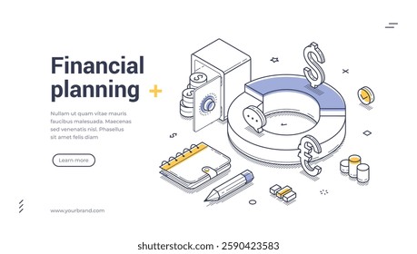 Financial planning concept. Web banner template showcases isometric line art elements related to budgeting and investment. Vector illustration