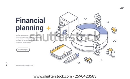 Financial planning concept. Web banner template showcases isometric line art elements related to budgeting and investment. Vector illustration