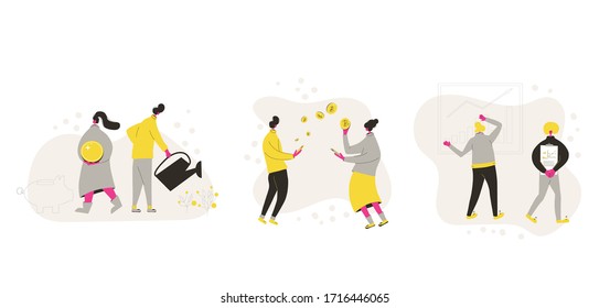 Financial Planning Concepts Set. Minor Shareholders Getting Money. People Watering Money Trees And Harvesting Crops Of Huge Coins Metaphor. Cryptocurency Exchange Or Payment. Vector Flat Illustration.