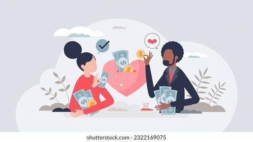 Financial planning for couples and saving for common goal tiny person concept. Marriage budget calculation or finance investment for future funds vector illustration. Save money for family home.