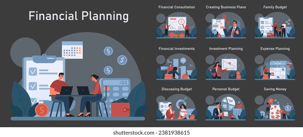 Financial planning dark or night mode set. Personal and family budget development, expense management. Investing money. Financial well-being. Flat vector illustration