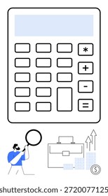 Financial planning, data analysis, business growth, accounting, economic strategies, investment. Large calculator with business chart, briefcase arrows and analyst. Financial planning and data
