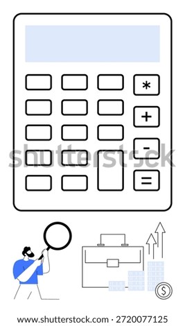 Financial planning, data analysis, business growth, accounting, economic strategies, investment. Large calculator with business chart, briefcase arrows and analyst. Financial planning and data