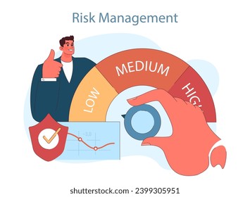 Planificación financiera. Hacer hincapié en la gestión de riesgos en las estrategias financieras. Equilibrio entre bajo, medio y alto riesgo para la estabilidad. Ilustración vectorial plana