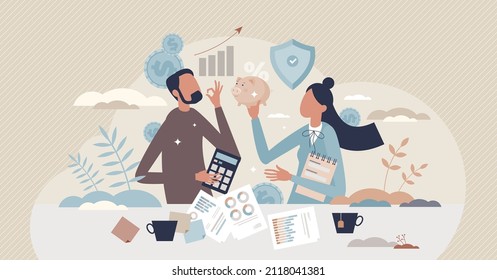 Financial planning and family money budget strategy tiny person concept. Personal accounting with earnings and expenses balance control vector illustration. Smart and responsible income management.