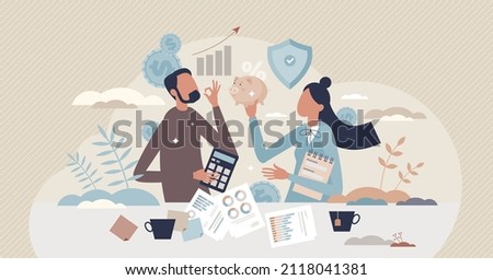 Financial planning and family money budget strategy tiny person concept. Personal accounting with earnings and expenses balance control vector illustration. Smart and responsible income management.