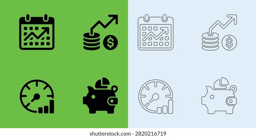 Financial planning featuring calendar growth, coin savings, performance gauges, and piggy bank pie charts