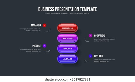 Financial Planning Four Option Diagram Slide Layout. Advertising Plan 4 Element Infographic Frame Design. Digital Profile Slideshow Template Vector Illustration.