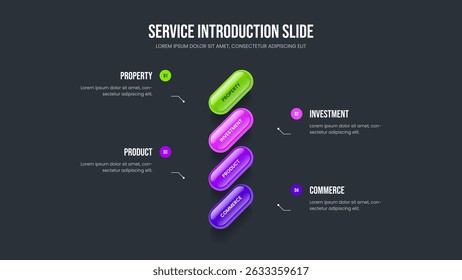 Financial Planning Four Step Infographic Frame Layout. Service Innovation 4 Element Diagram Slideshow Template. Corporate Forecast Slide Design Vector Illustration.