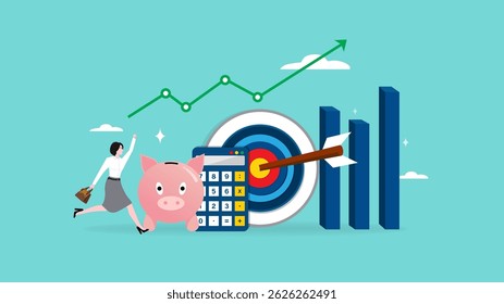 financial planning, happy businesswoman planning his financial with piggy bank grow chart, money allocation, balance between income and investment, investment management, saving money or salary