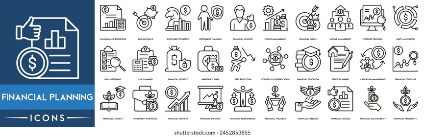 Financial Planning icon. Planning and Budgeting, Savings Goals, Investment Strategy, Retirement Planning, Financial Advisor, Wealth Management, Financial Goals