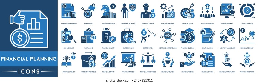 Financial Planning icon. Planning and Budgeting, Savings Goals, Investment Strategy, Retirement Planning, Financial Advisor, Wealth Management, Financial Goals