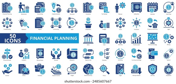 Financial planning icon collection set. Containing retirement, accounting, implementation, structure, insurance, tax receipt, planner icon. Simple flat vector.