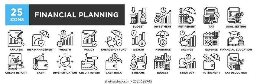 Conjunto de colecciones de iconos de Financial Planning. Diseño, inversión, negocio, finanzas, planificación