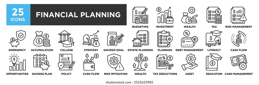 Conjunto de coleta de ícone do Financial Planning. Contendo projeto financeiro, investimento, negócios, finanças, planejamento