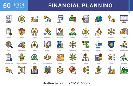 Financial Planning icon collection set. Containing retirement, accounting, implementation, structure, insurance, tax receipt, planner, payment icon.