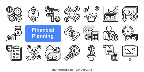 Financial planning icon collection set. Containing retirement, accounting, implementation, structure, insurance, tax receipt, planner icon. Simple flat vector.