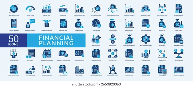 Financial planning icon collection set with asset allocation, credit score, capital gain, equity investment