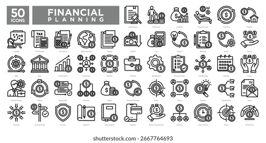 Conjunto de colecciones de iconos de planificación financiera. Contiene presupuesto, inversión, análisis, gestión de ingresos y estrategia. Perfecto para informes financieros, infografías y planificación de negocios.