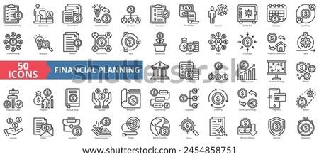 Financial planning icon collection set. Containing retirement, accounting, implementation, structure, insurance, tax receipt, planner icon. Simple line vector.