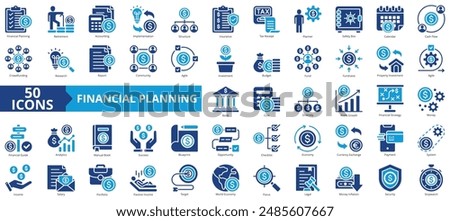 Financial planning icon collection set. Containing retirement, accounting, implementation, structure, insurance, tax receipt, planner icon. Simple flat vector.