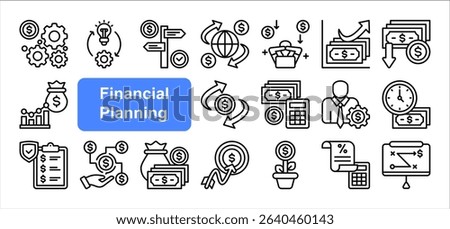 Financial planning icon collection set. Containing retirement, accounting, implementation, structure, insurance, tax receipt, planner icon. Simple flat vector.