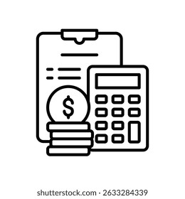 Financial planning icon with documents, calculator and dollar bills