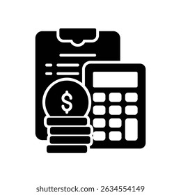 Financial planning icon with documents, calculator and dollar bills