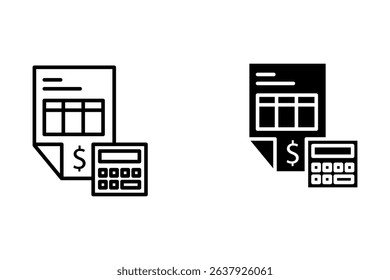 Financial planning icon with documents, calculator and dollar bills