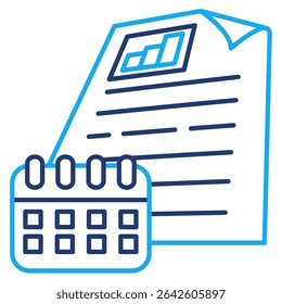 Icono de Financial Planning representado por gráfico, papel, calendario y estilo de línea dual.
