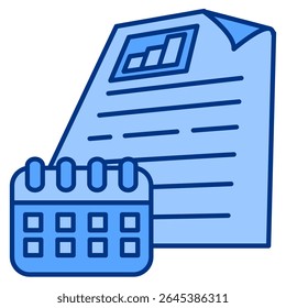 Icono de planificación financiera representado por gráfico, papel, calendario estilo azul.