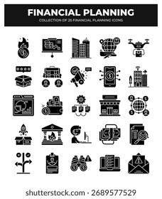 Conjunto de iconos de planificación financiera. 25 iconos esenciales para los negocios
