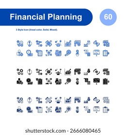 Symbolsatz für Financial Planning. mit 3-Stil-Symbol (lineare Farbe, stetig, gemischt).