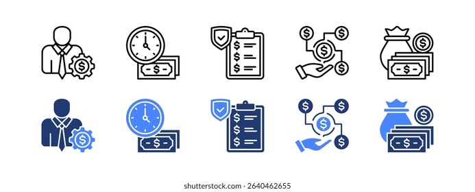 Financial planning icon set with Financial Advisor, Time Is Money, Insurance Policy , Income, Budget.