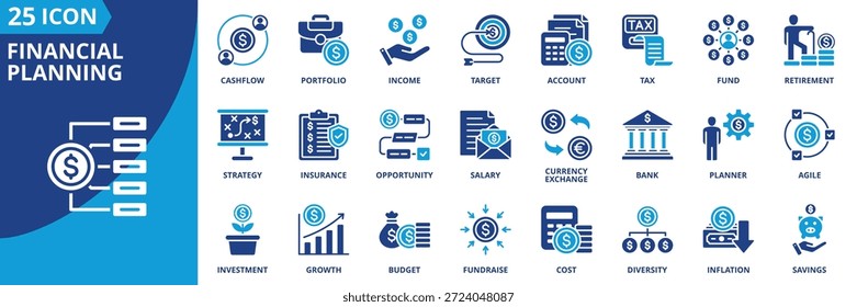 Finanzplanung Icon Set Sammlung in soliden Glyphe Dual Color Stil. Paket enthält Budget, Ersparnisse, Investitionen, Einkommen, Gehalt, Währungsumtausch, Verbindlichkeit, Cashflow, Fundraising, Strategie-Symbol