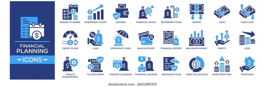 conjunto de ícones do Financial Planning. Contendo o Planejador de Orçamento do projeto, Gráfico de Investimento, Economia, Metas Financeiras, Planejamento de Impostos. Coleção de ícones do Solid.