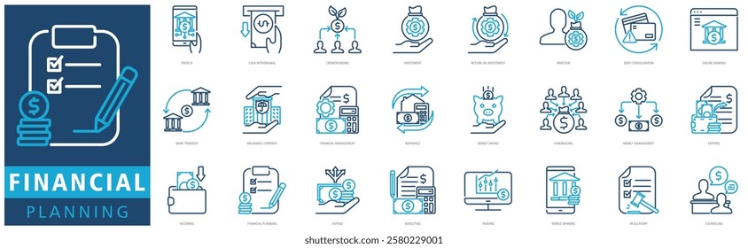 FINANCIAL PLANNING ICON SET with fintech, cash withdrawal, crowdfunding, investment, return on investment, investor, debt consolidation, online banking, bank transfer and insurance company
