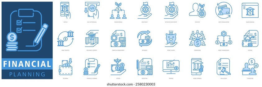 FINANCIAL PLANNING ICON SET with fintech, cash withdrawal, crowdfunding, investment, return on investment, investor, debt consolidation, online banking, bank transfer and insurance company
