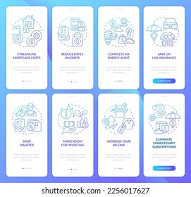 Financial planning for inflation blue gradient onboarding mobile app screen set. Walkthrough 4 steps graphic instruction with linear concepts. UI, UX, GUI template. Myriad Pro-Bold, Regular fonts used