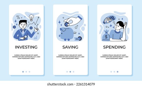 Financial planning investing spending and saving money flat app design banners set in blue color isolated vector illustration